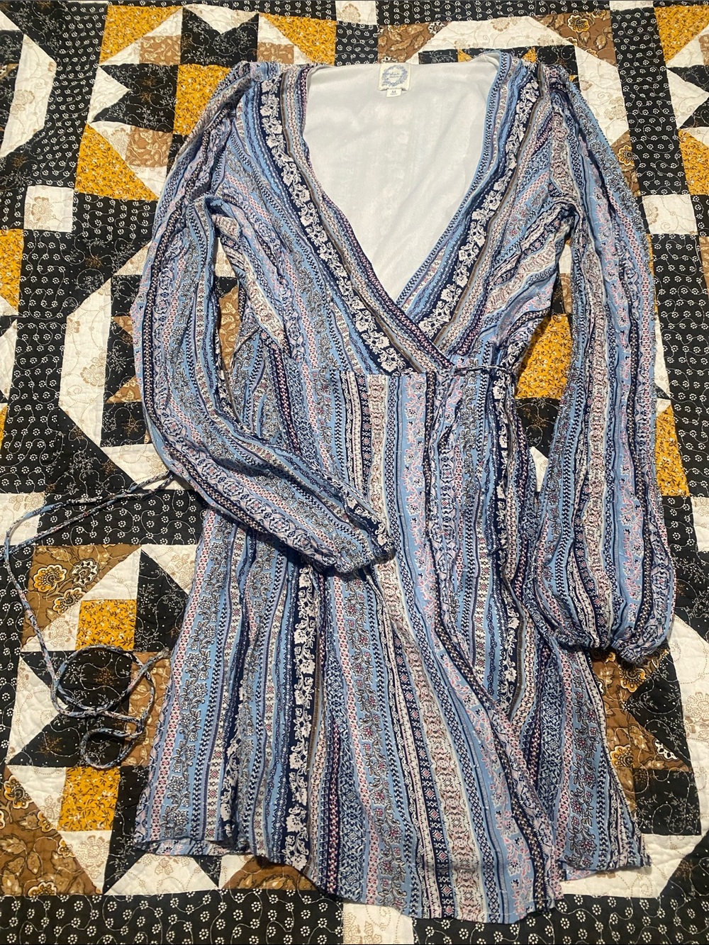 Blue Rain Blue and White Striped Floral Wrap Dress